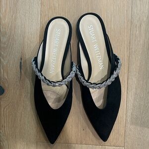 Stuart Weitzman Black Suede Pointed Toe Mules with Braided Crystal Strap